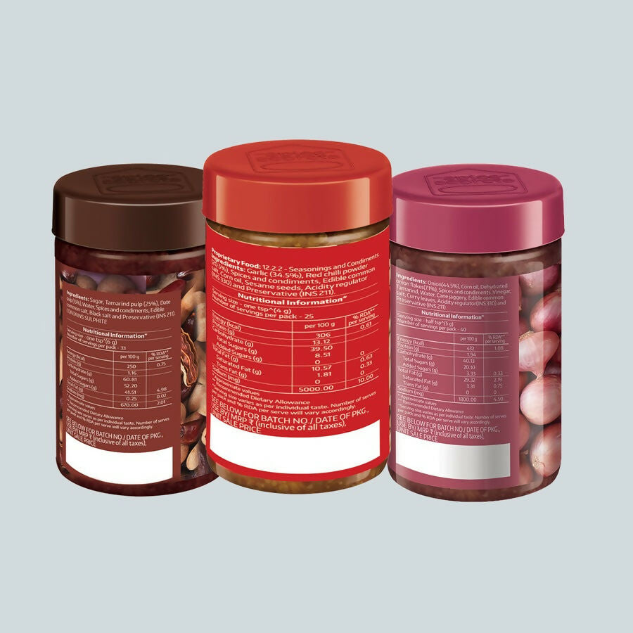Society Onion Chutney & Dry Garlic Chutney & Tamarind Date Chutney Combo | Grocsy