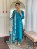 The52 Blue Women's Gorgeous Viscose Fabric Embroidered Work Straight Kurta, Pant and Dupatta Set | Grocsy