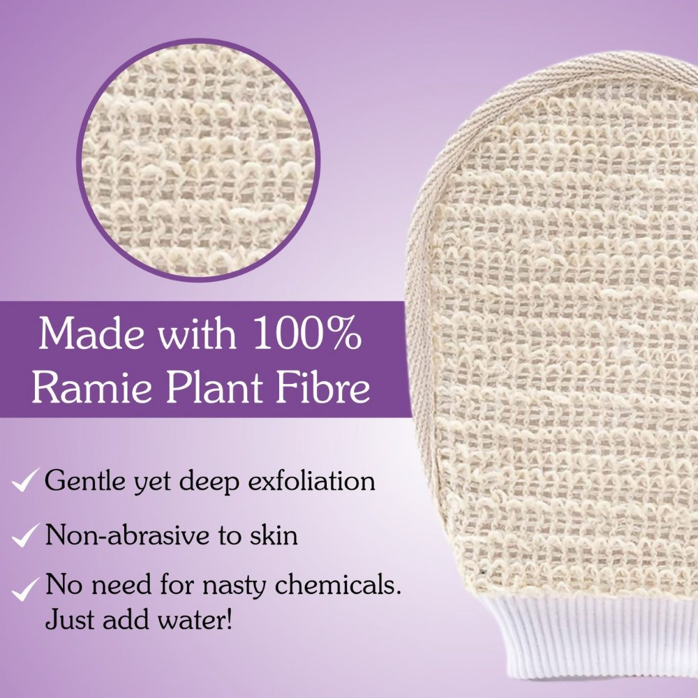 Bake Tan Removal Exfoliating Bath Kit - 100% Ramie Plant Fibre Gloves + Kojic Acid Soap (2 Pcs) with Scrub Treatment | Grocsy