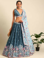 House of Panchhi Teal Blue Chinon Sequins embroidery Lehenga choli & Dupatta | Grocsy