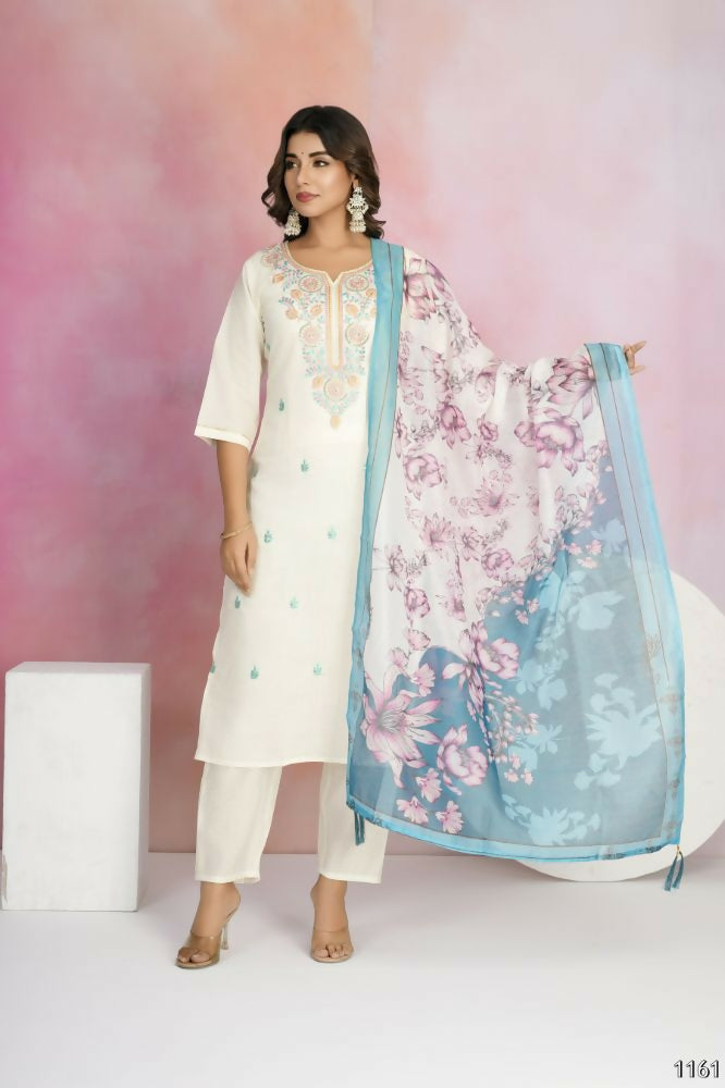 Ethnic Festive Wear Viscose Chanderi Off White Stitched Suit With Dupatta - Tanisha | Grocsy