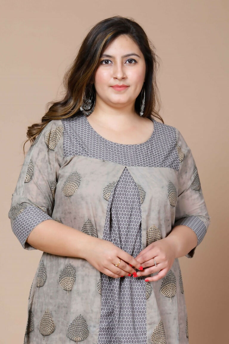 Miravan Women's Plus Size Beige Floral Printed Pure Cotton A-Line Kurta With Palazzo | Grocsy