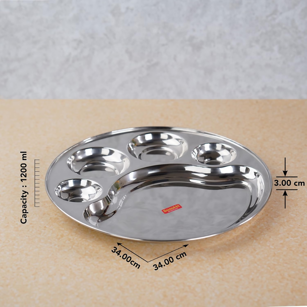 Sumeet Stainless Steel Round 5 in 1 Compartment Lunch/Dinner Plate - Big | Grocsy