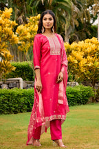 The52 Women's Beautiful Embroidery Work Roman Fabric Straight Kurta Pant and Dupatta Set | Grocsy