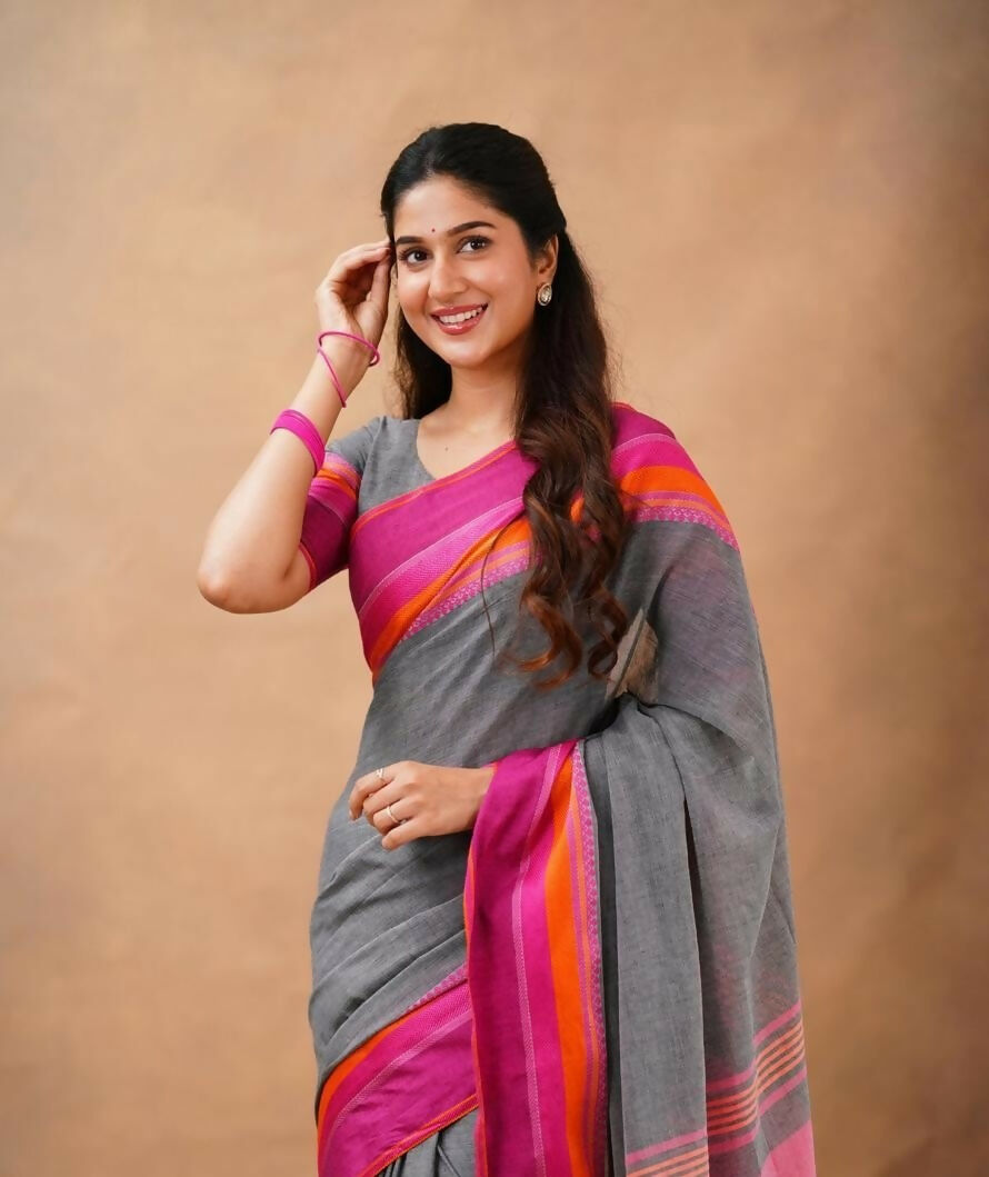 Exclusive Collection Grey Beautiful Khadi Cotton Handloom Saree | Grocsy
