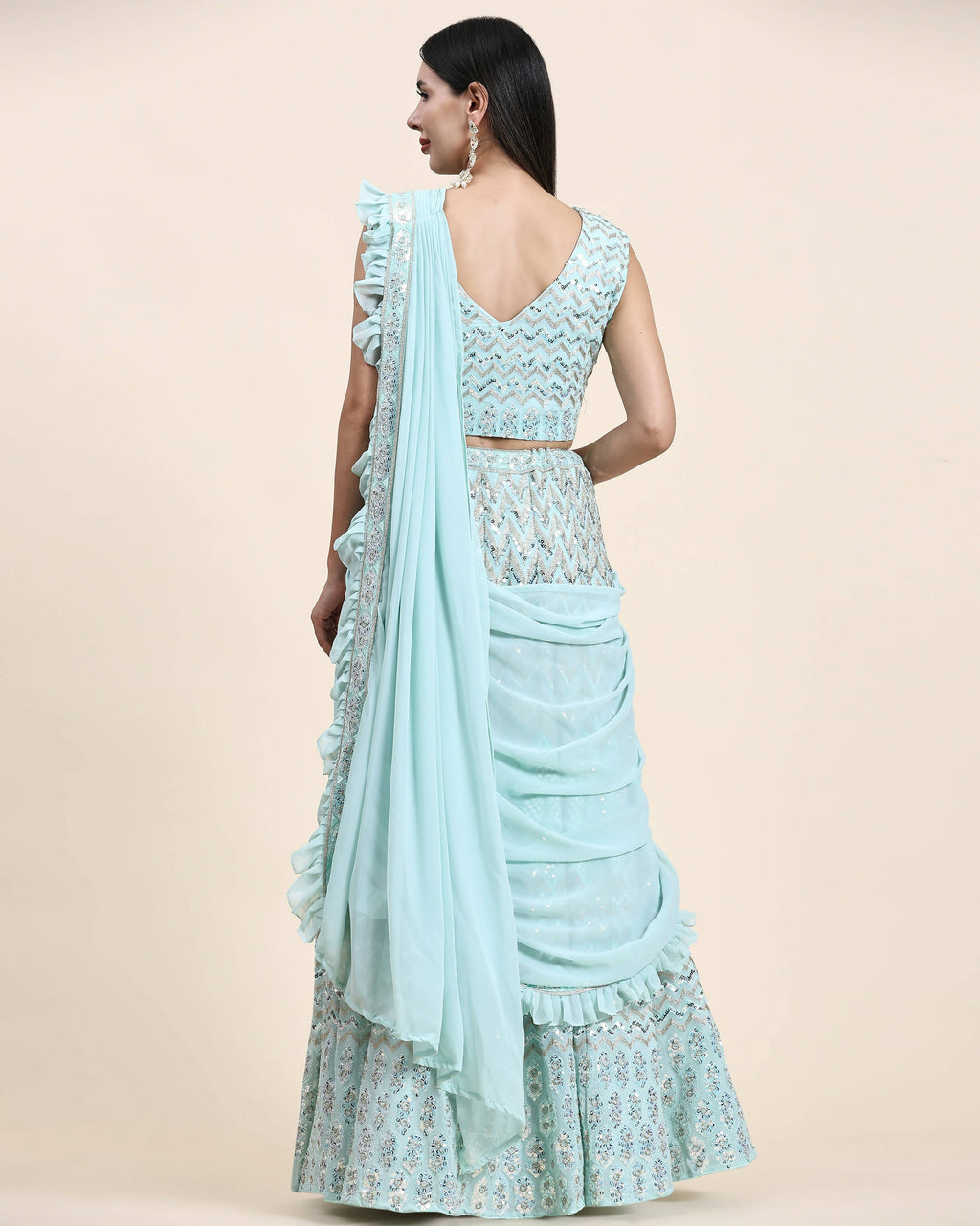Sky Blue Pure Viscose Georgette Thread With Sequins Embroidery Work Lehenga Choli With Dupatta - Tanya | Grocsy