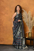 Very Much Indian Modal Silk Ajrakh Handblock Printed Natural Dyes With Designer Border Saree - Black | Grocsy