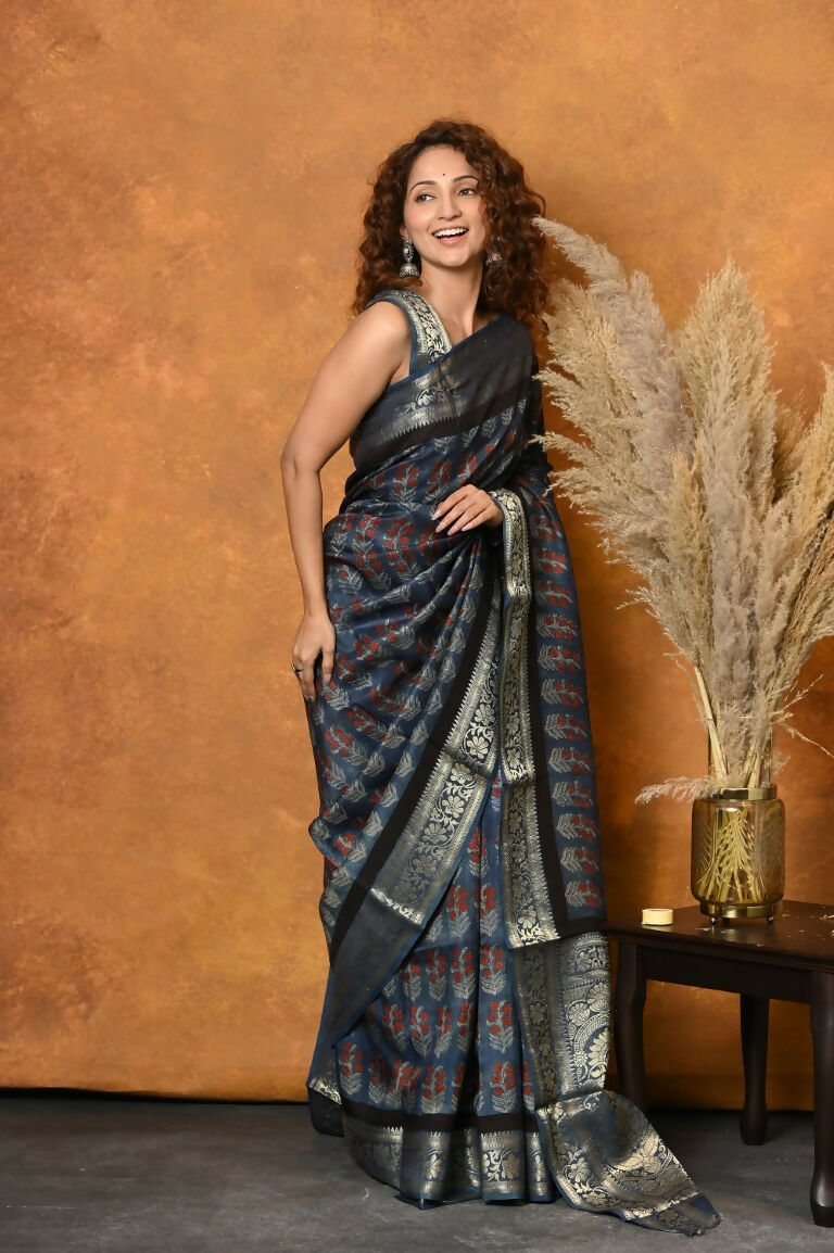 Very Much Indian Modal Silk Ajrakh Handblock Printed Natural Dyes With Designer Border Saree - Black | Grocsy
