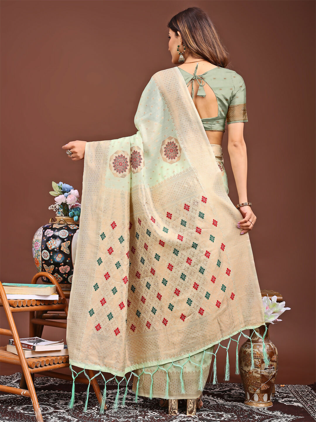 Shree Shyam Fashion Neerja Sea Green Linen Cotton Saree | Grocsy