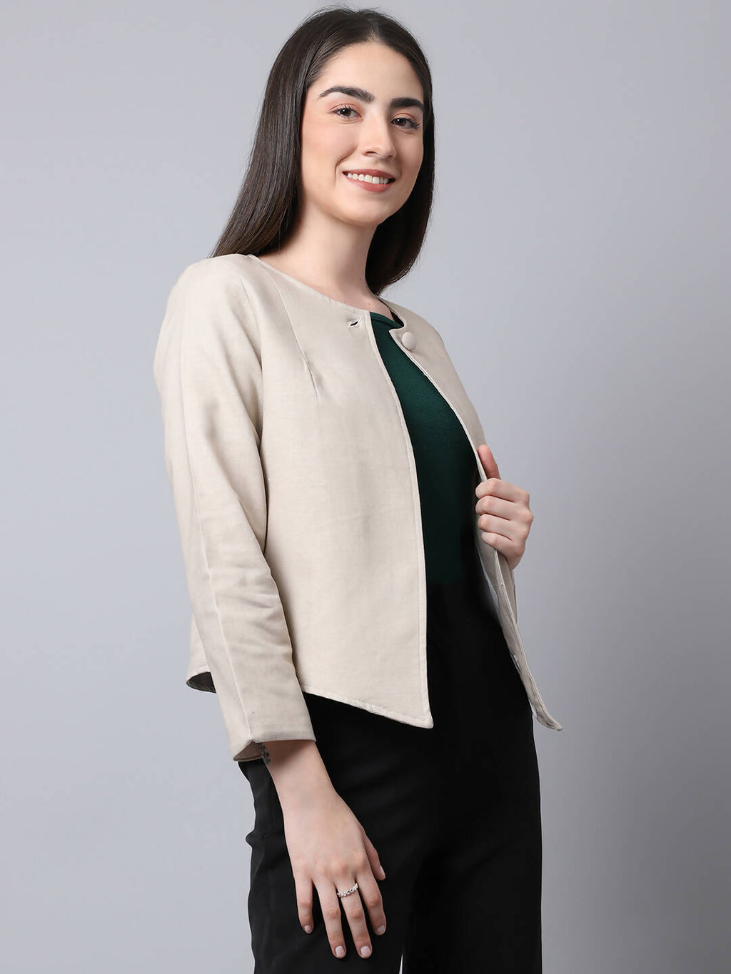 Even Apparels Cream Linen Cotton Open Front Statement Women's Jacket | Grocsy