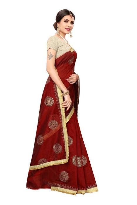 Vamika Chanderi Cotton Foil Print Maroon Saree (GOLDEN BIRD MAROON) | Grocsy