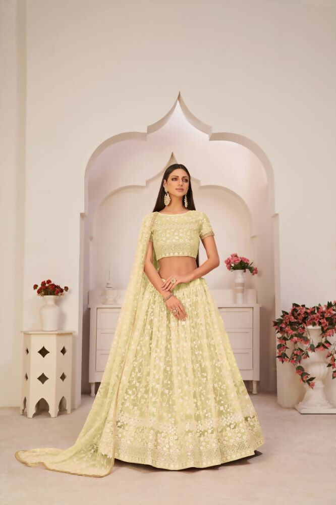 Aastha Fashion Lemon Yellow Butterfly Net White Cotton Thread Work, Zari Work And Sandwich Sequence Work Embroidery Wedding Wear Lehenga Choli | Grocsy