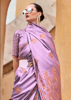 Lilac Purple Pure Satin Zari Weaving Wedding Festive Saree - Emponline | Grocsy