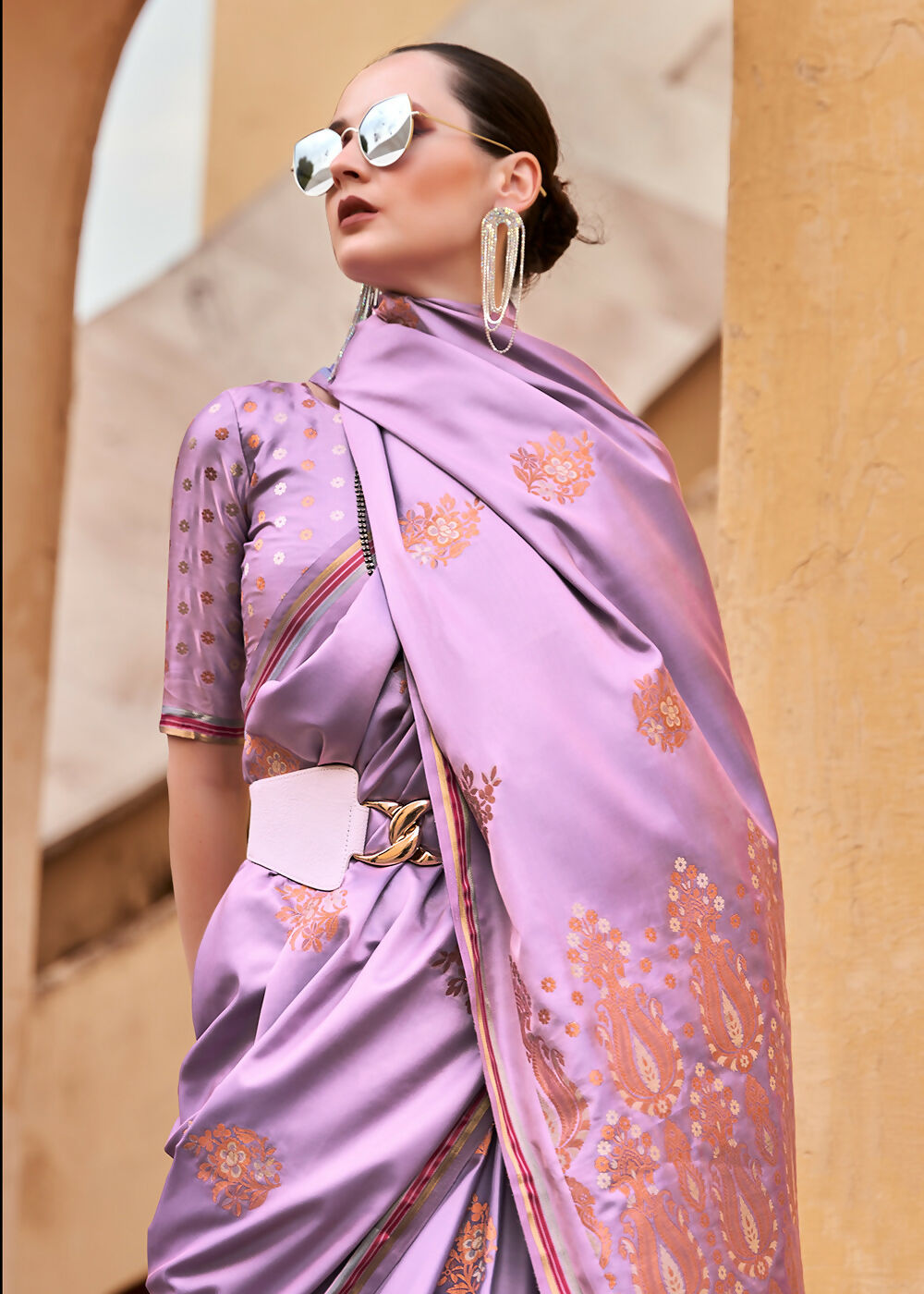 Lilac Purple Pure Satin Zari Weaving Wedding Festive Saree - Emponline | Grocsy