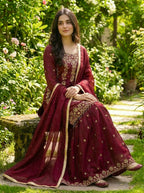 Teeya Creation Maroon Gimmy Silk Designer Embroidery Work Wedding Wear Palazzo Pair | Grocsy