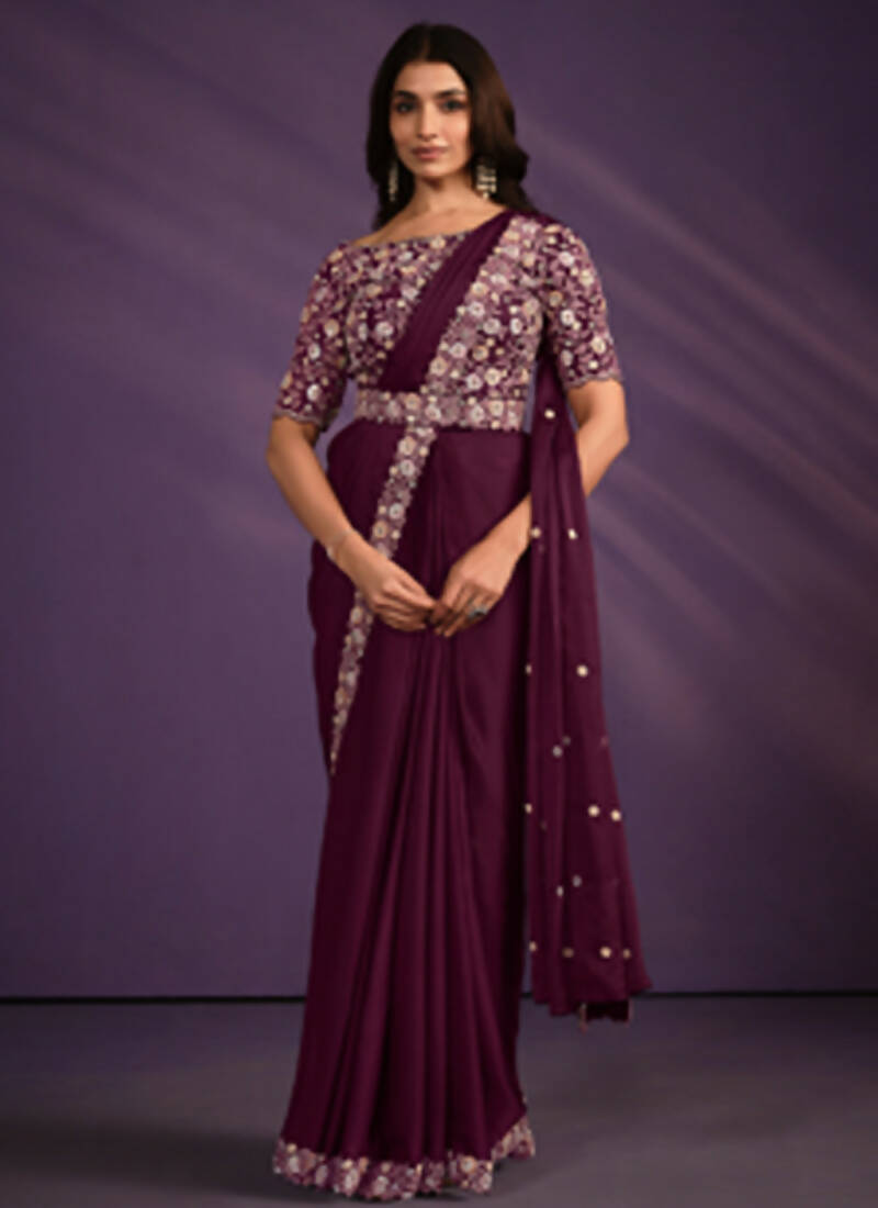 Wine Crepe Satin Silk Embroidered Saree With Stitched Blouse - Mohmanthan Exotica | Grocsy