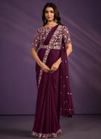 Wine Crepe Satin Silk Embroidered Saree With Stitched Blouse - Mohmanthan Exotica | Grocsy