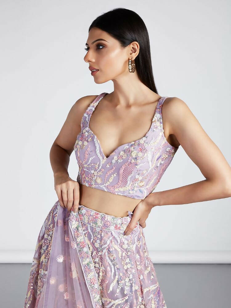 House of Panchhi Mauve Net Sequins And Thread Embroidery Lehenga Choli & Dupatta | Grocsy