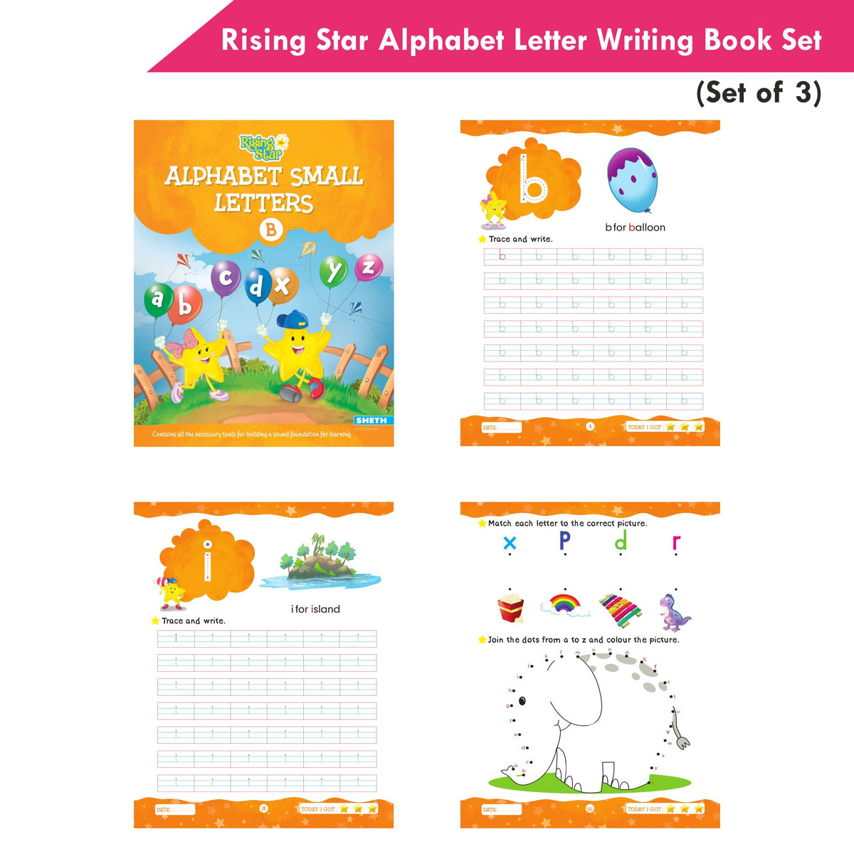 Rising Star Alphabet Capital & Small Letter Writing Practice Books Set for Kids| Set of 3| Ages 3-6 Years | Grocsy