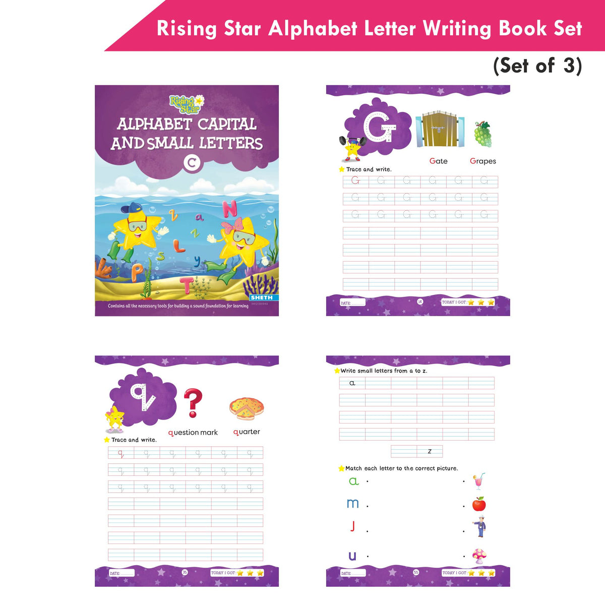 Rising Star Alphabet Capital & Small Letter Writing Practice Books Set for Kids| Set of 3| Ages 3-6 Years | Grocsy