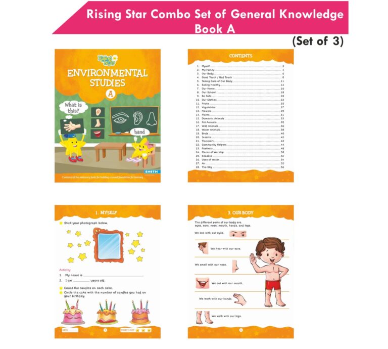 Rising Star General Knowledge & Conversation Book A| Set of 3| Fun With ABC, Environmental Studies, Good Habit| Picture Dictionary| Ages 3-7 Years | Grocsy