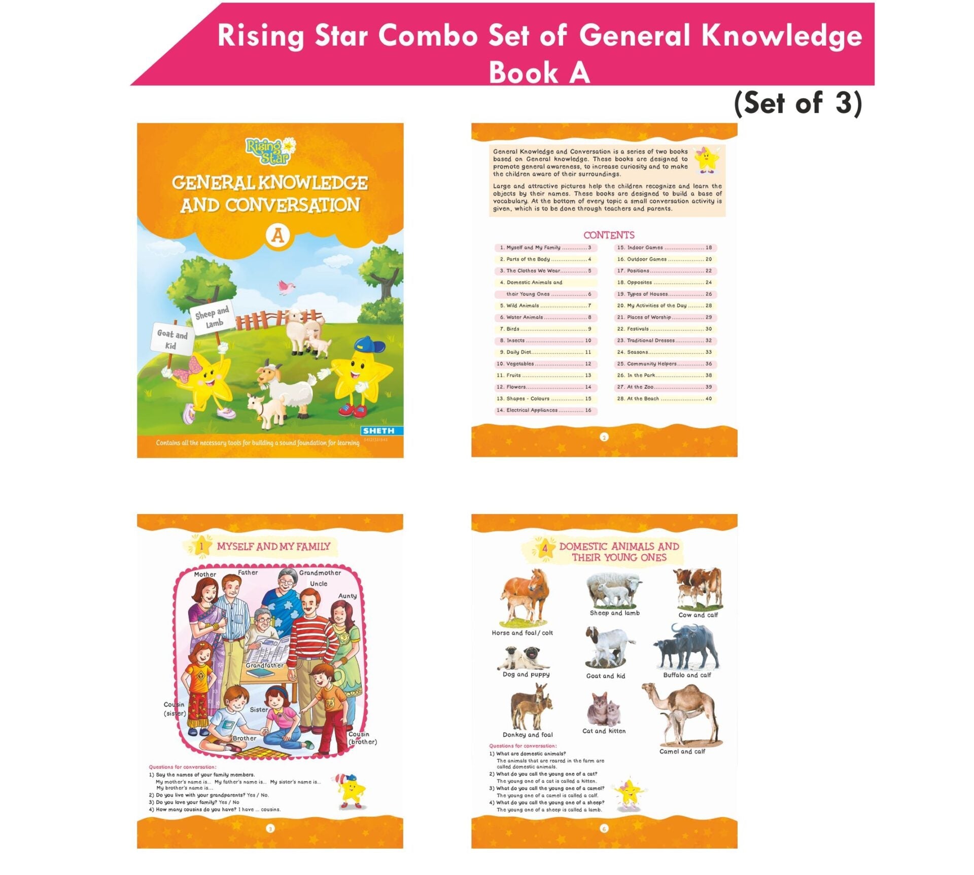 Rising Star General Knowledge & Conversation Book A| Set of 3| Fun With ABC, Environmental Studies, Good Habit| Picture Dictionary| Ages 3-7 Years | Grocsy