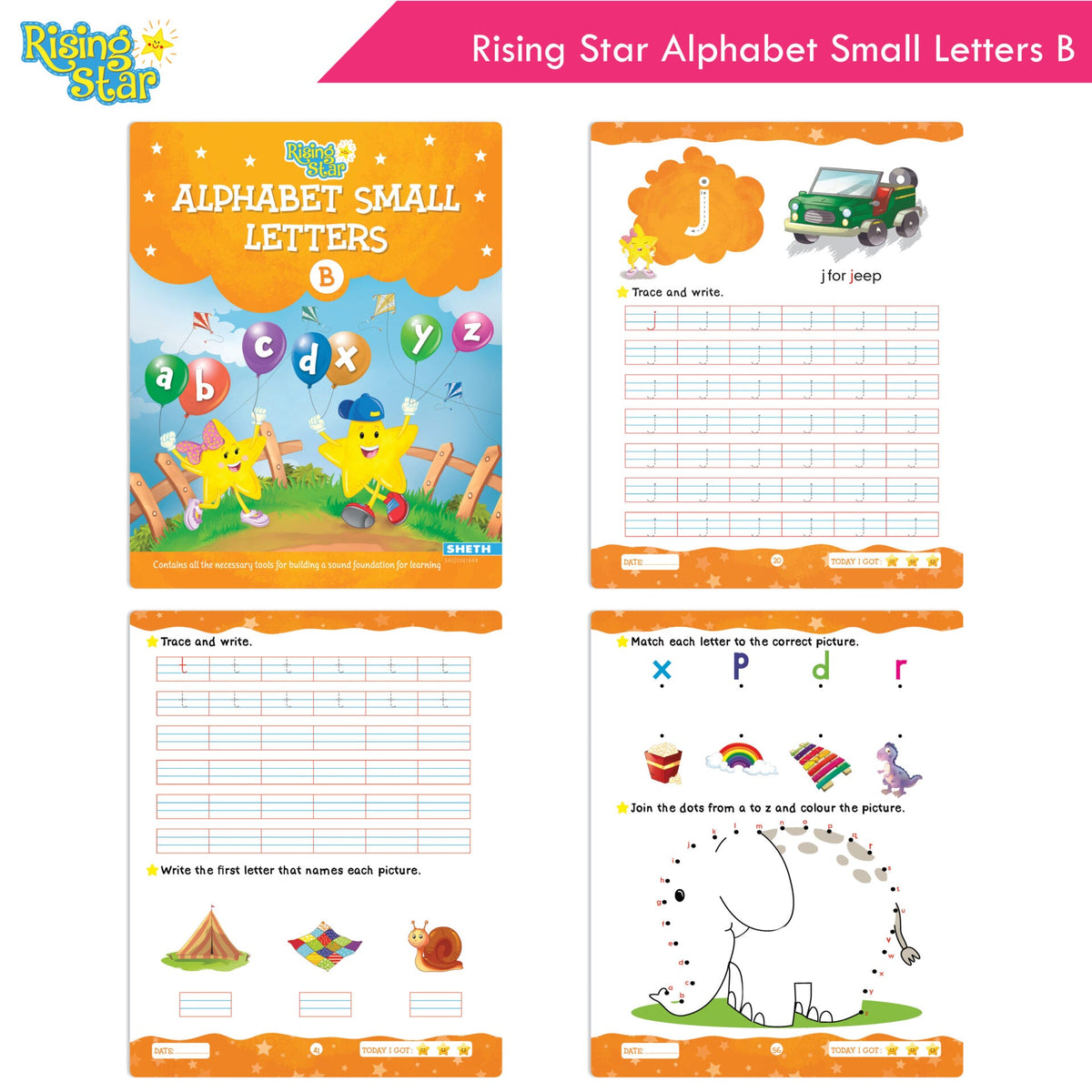 Rising Star Fun Learning Junior KG Books Set of 6 Ages 4-5 Years| Alphabet, Cursive Writing, Number, Colouring, Pattern Writing, Rhymes & Stories | Grocsy