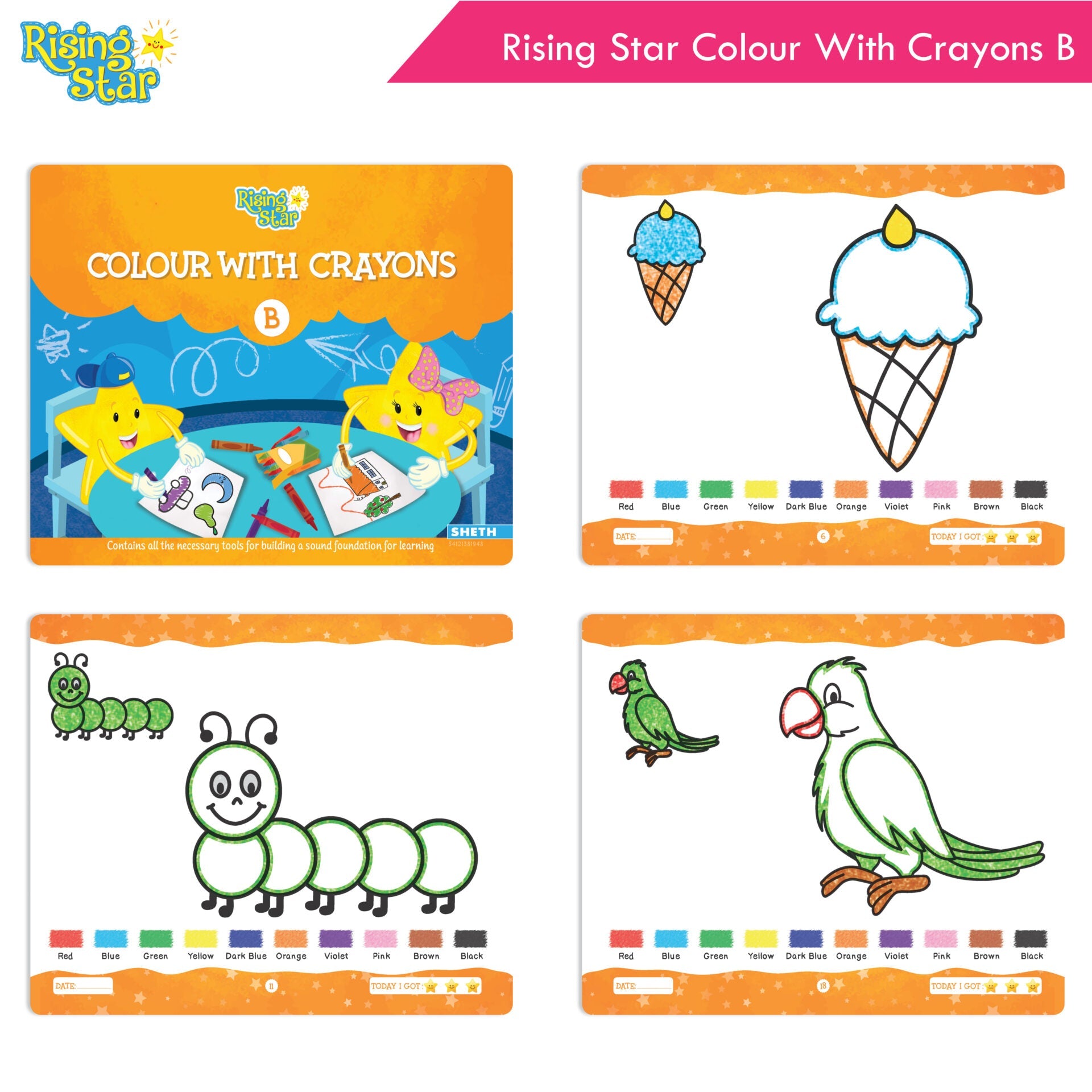 Rising Star Fun Learning Junior KG Books Set of 6 Ages 4-5 Years| Alphabet, Cursive Writing, Number, Colouring, Pattern Writing, Rhymes & Stories | Grocsy