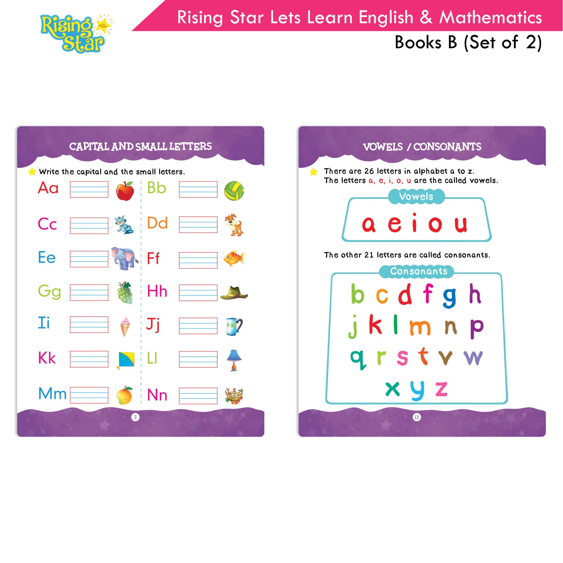 Rising Star Lets Learn English & Maths Activity Book Set B| Set of 2| Ages 3-7 Year| Number 1-100, Shapes, Alphabets | Grocsy