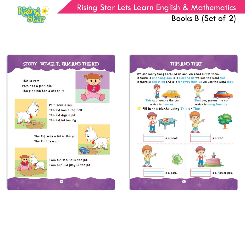 Rising Star Lets Learn English & Maths Activity Book Set B| Set of 2| Ages 3-7 Year| Number 1-100, Shapes, Alphabets | Grocsy