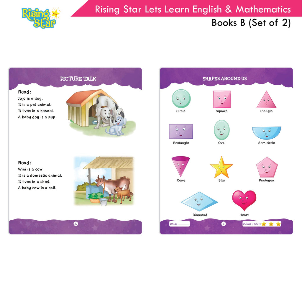 Rising Star Lets Learn English & Maths Activity Book Set B| Set of 2| Ages 3-7 Year| Number 1-100, Shapes, Alphabets | Grocsy