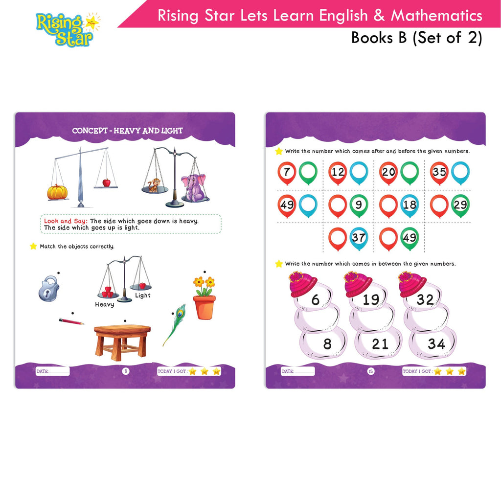 Rising Star Lets Learn English & Maths Activity Book Set B| Set of 2| Ages 3-7 Year| Number 1-100, Shapes, Alphabets | Grocsy