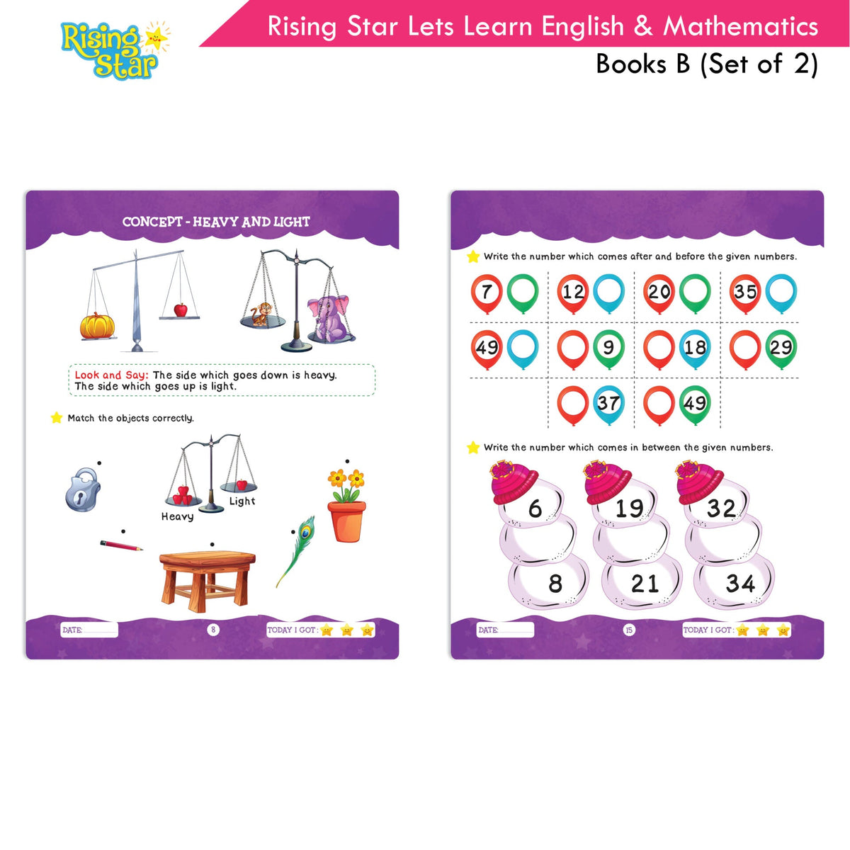 Rising Star Lets Learn English & Maths Activity Book Set B| Set of 2| Ages 3-7 Year| Number 1-100, Shapes, Alphabets | Grocsy