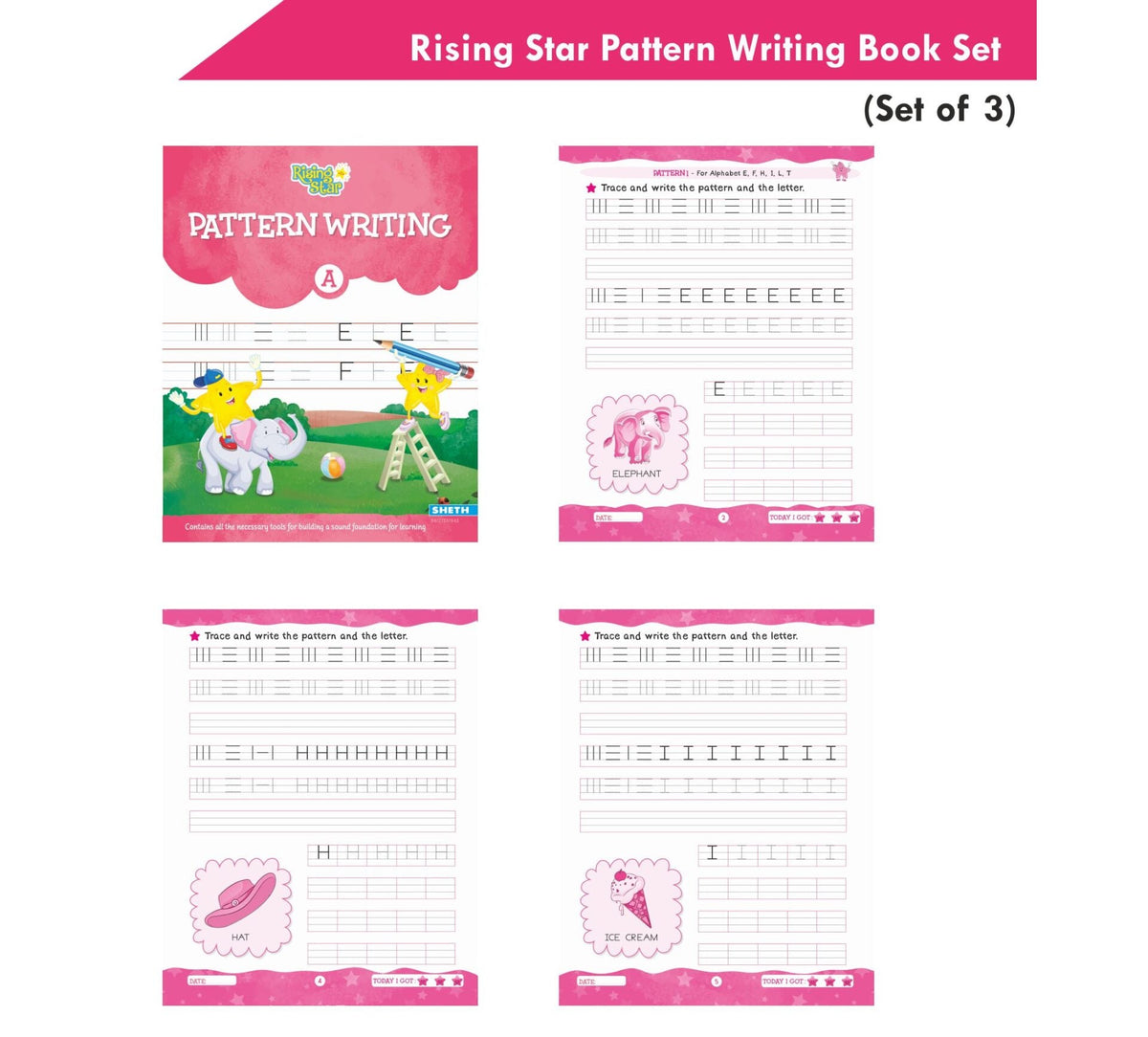 Rising Star Pattern Writing Book Set (Set of 3)| Ages 3-7 years| Trace & Write Patterns, Numbers, Letters, etc. | Grocsy