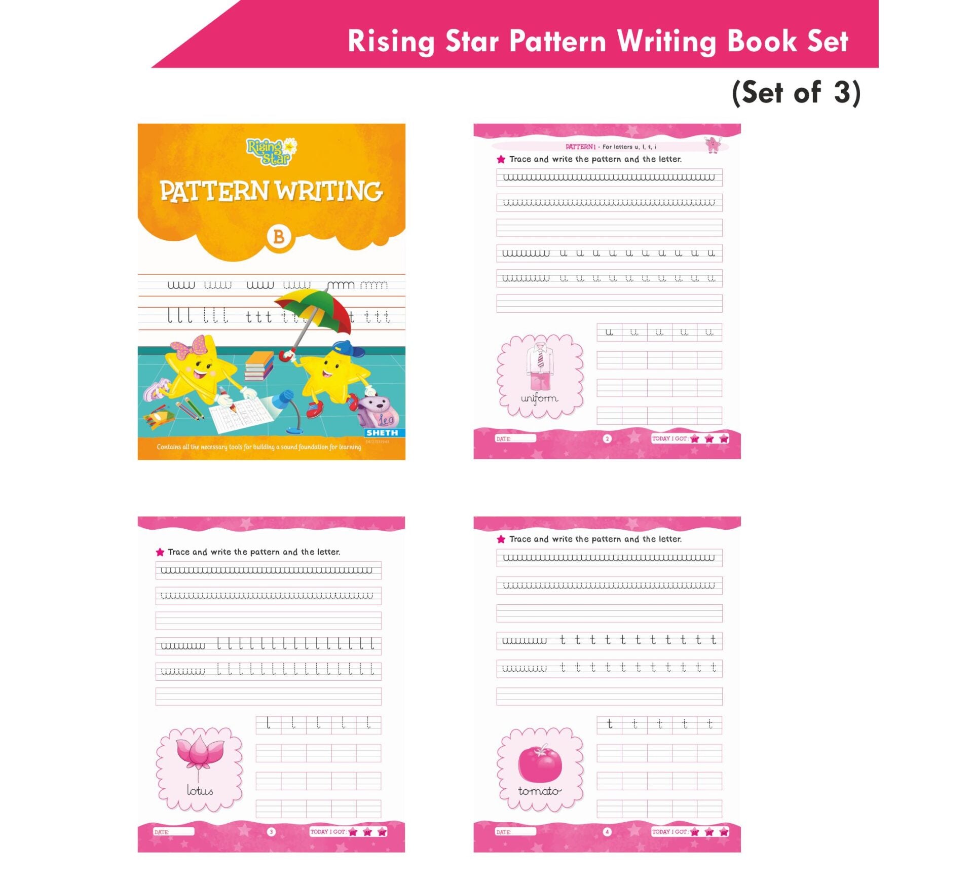 Rising Star Pattern Writing Book Set (Set of 3)| Ages 3-7 years| Trace & Write Patterns, Numbers, Letters, etc. | Grocsy