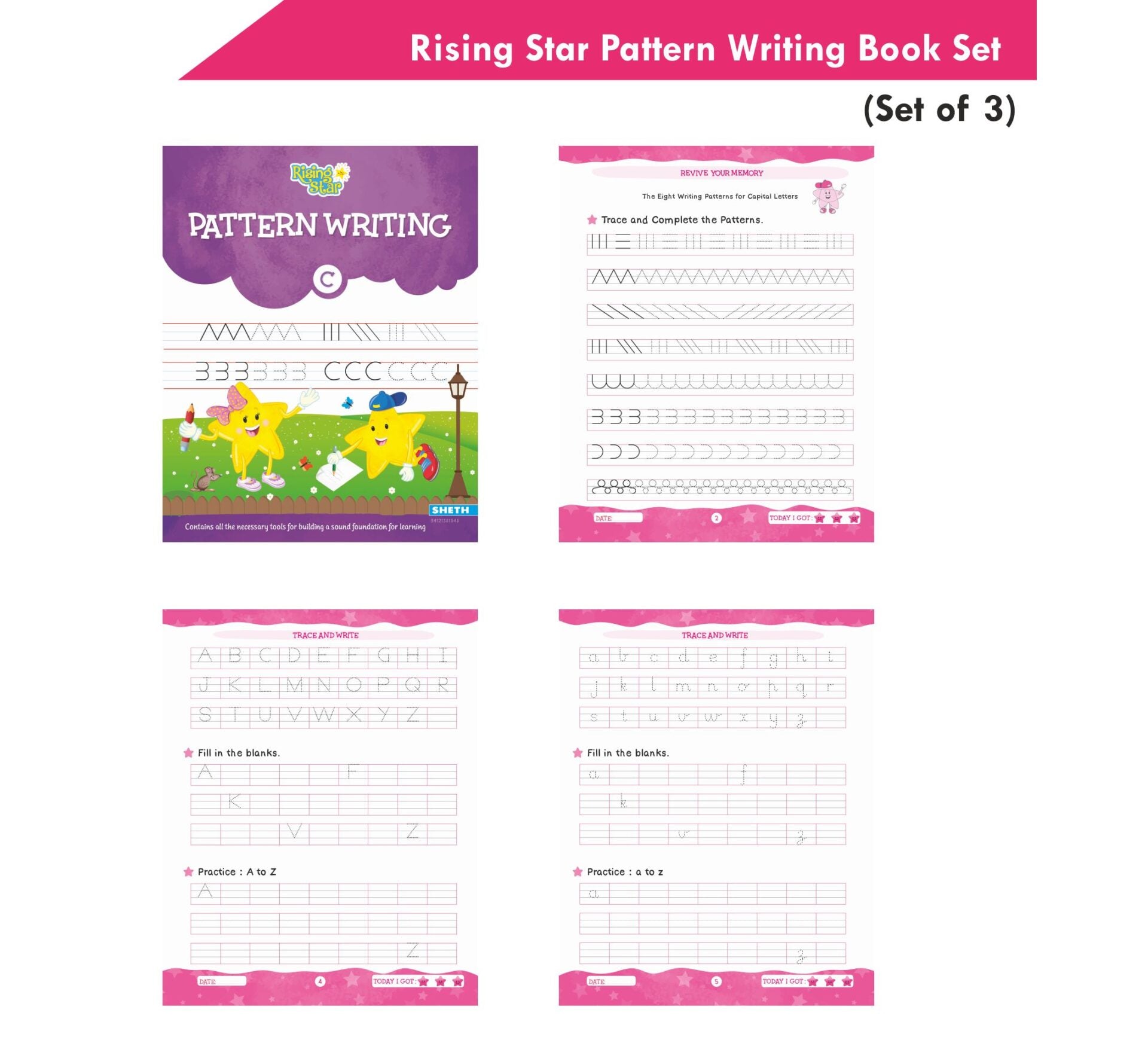 Rising Star Pattern Writing Book Set (Set of 3)| Ages 3-7 years| Trace & Write Patterns, Numbers, Letters, etc. | Grocsy