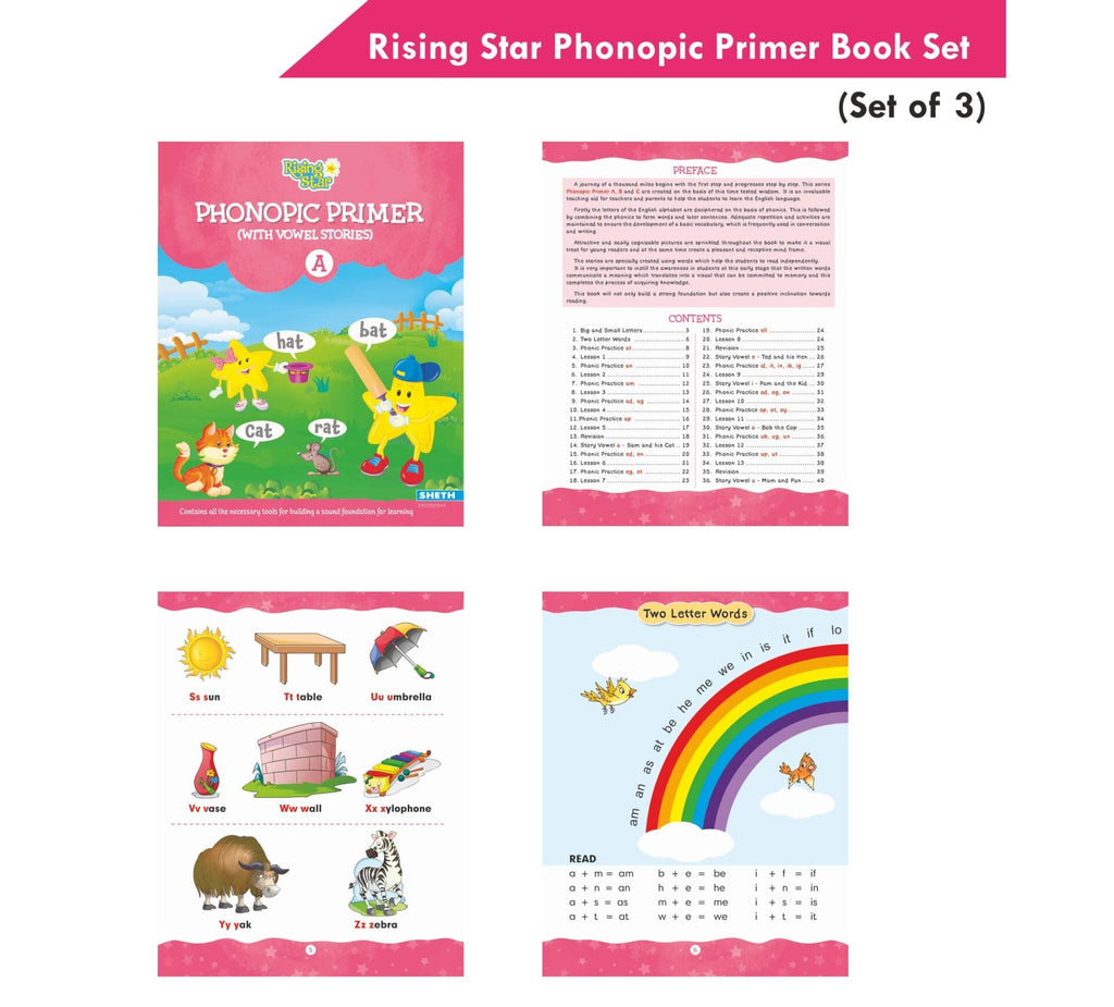 Rising Star Phonopic Primer (With Vowel Stories) Book Set Set of 3| Letter Words| Phonic Activity Book| Ages 3-7 Years | Grocsy