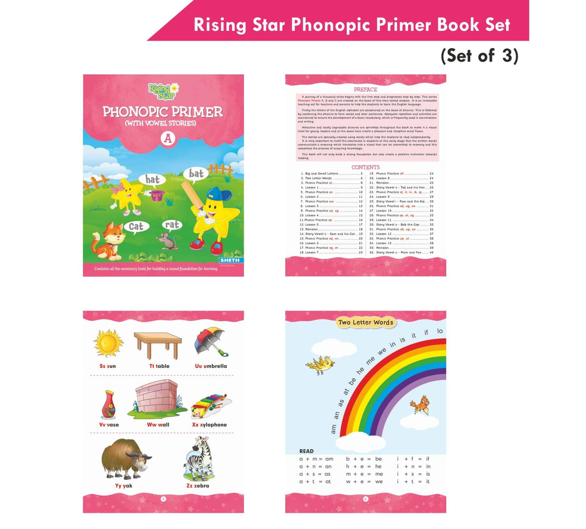 Rising Star Phonopic Primer (With Vowel Stories) Book Set Set of 3| Letter Words| Phonic Activity Book| Ages 3-7 Years | Grocsy