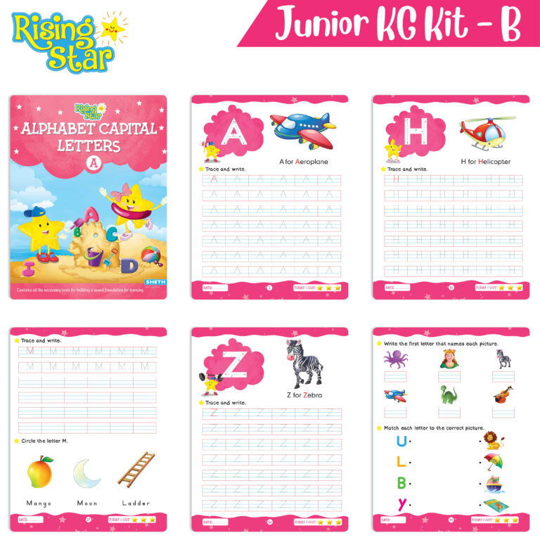 Rising Star Preschool Learning Junior KG Kit B| Alphabet Letters Writing| Numbers| General Knowledge| Rhymes & Stories| Worksheets & Assessment Book | Grocsy