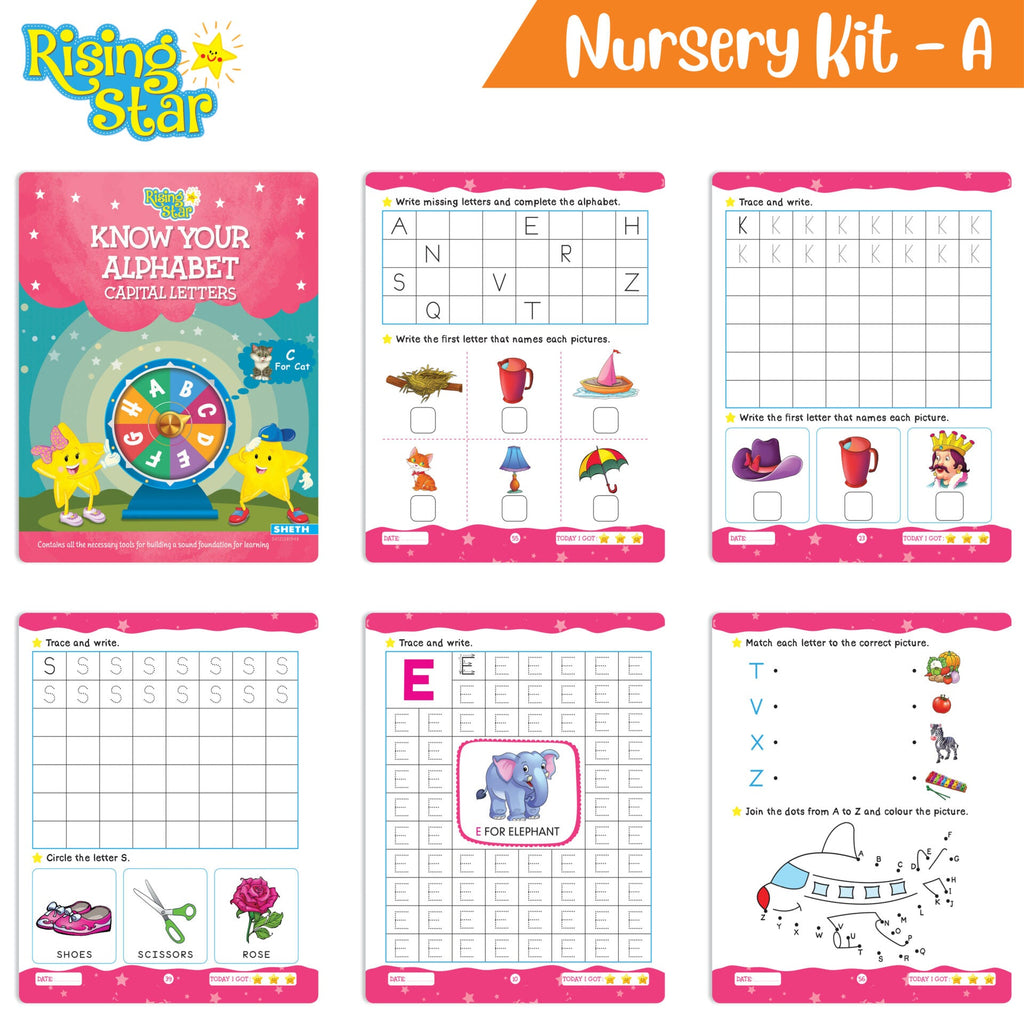 Rising Star Preschool Learning Nursery Kit A| General Knowledge| Know Your Alphabet| Numbers| Rhymes & Stories| Worksheets & Assessment Book | Grocsy
