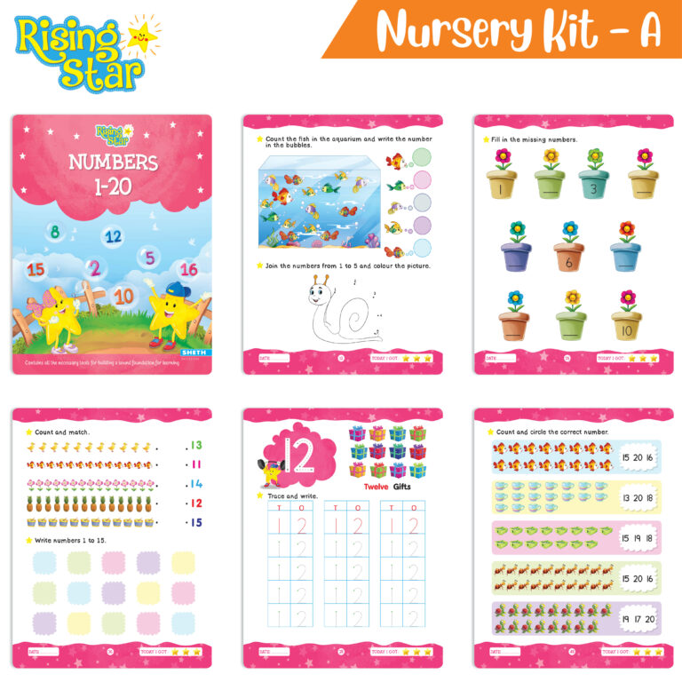 Rising Star Preschool Learning Nursery Kit A| General Knowledge| Know Your Alphabet| Numbers| Rhymes & Stories| Worksheets & Assessment Book | Grocsy