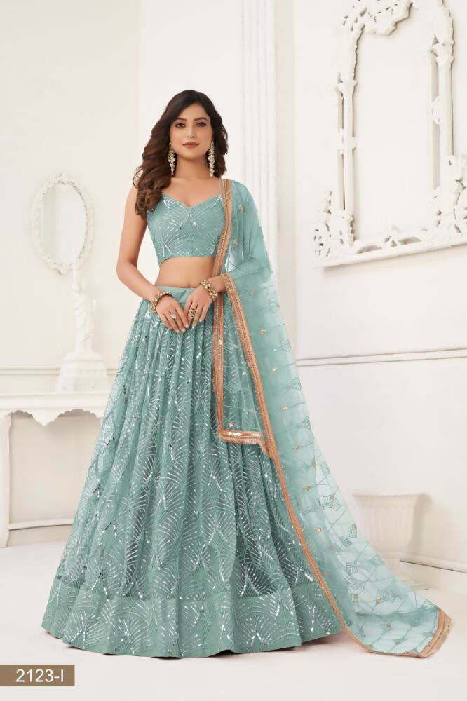 Aastha Fashion Ocean Blue Butterfly Net Tone To Tone Thread Work, Sequence Work And Original Mirror Work Embroidery Wedding Wear Lehenga Choli | Grocsy