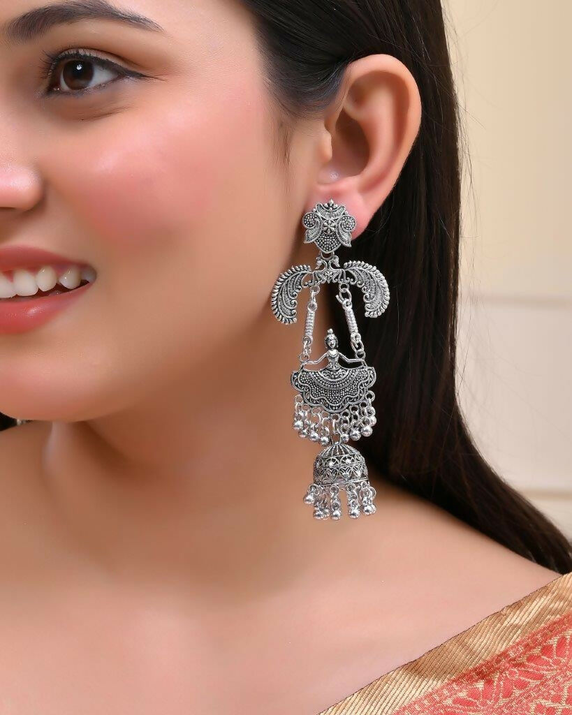 VOJ Silver Plated Oxidized Dancing Drop Earrings | Grocsy