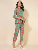 Janasya Women's Blue Cotton Printed Casual Peplum Co-ords | Grocsy