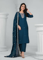 Ethnic Festive Wear Chanderi Rama Stitched Suit With Dupatta - Tanisha | Grocsy