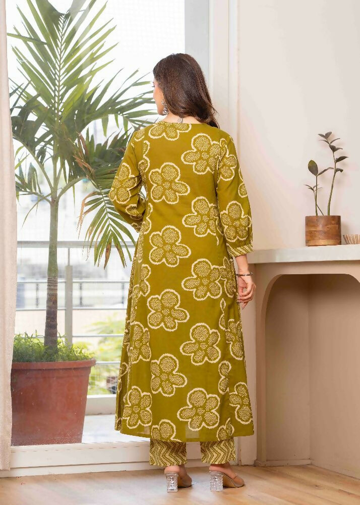 Jaimini Women Cotton Printed V-Neck 3/4 Sleeves Calf Length Flared Kurta Pant And Dupatta Set | Grocsy