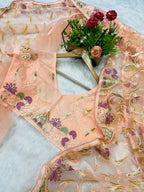 Vastranavya Soft Crush Georgette With Embroidery and Foil Multi Thread Work Saree - Peach | Grocsy