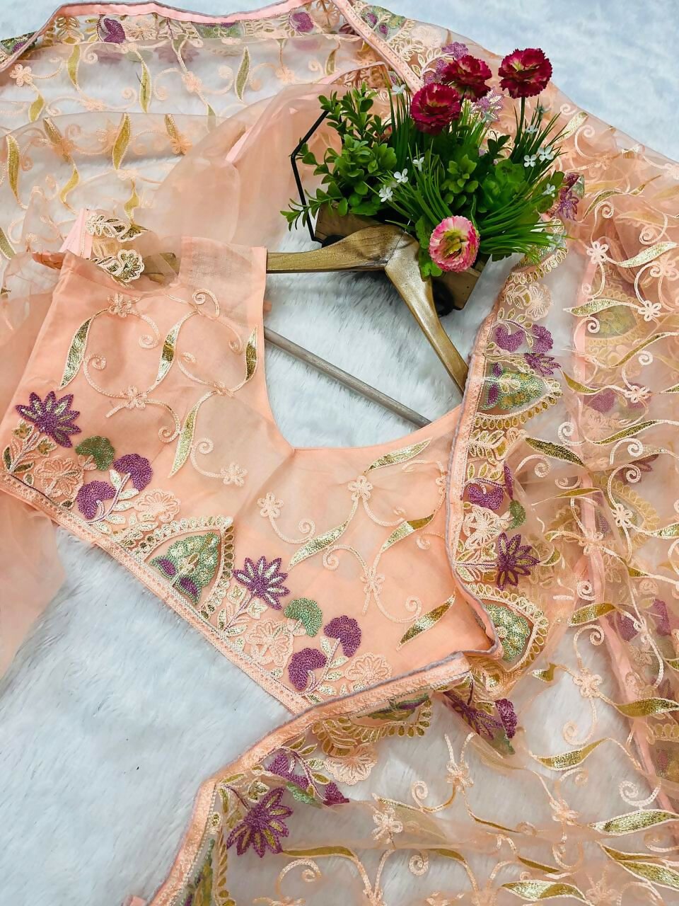 Vastranavya Soft Crush Georgette With Embroidery and Foil Multi Thread Work Saree - Peach | Grocsy