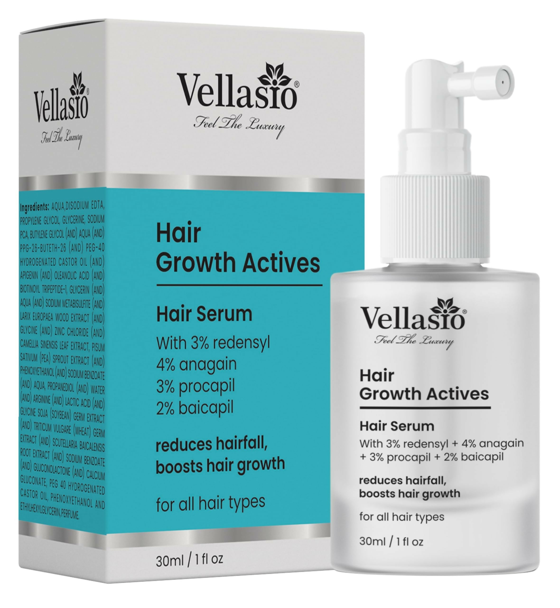 Vellasio Hair Growth Serum Actives - 3% Redensyl, 4% Anagain, 3% Procaoil, 2% Baicapil | Grocsy