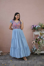 Jyoti Fashion Women's Grey Printed with Sequins Faux Georgette Anarkali Dress | Grocsy